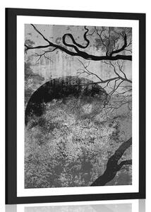 Plakat z passe-partout surrealistyczne drzewa w czerni i bieli