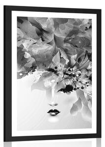 Plakat z passe-partout modna kobieca twarz z abstrakcyjnymi elementami w czerni i bieli