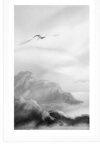 Plakat z passe-partout lot ptaków nad krajobrazem w czerni i bieli