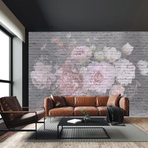 Fototapeta - Cegły z kwiatami (196x136 cm)