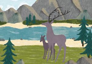 Fototapeta - Jeleń w przyrodzie, rysunek (196x136 cm)