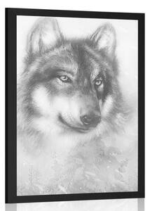 Plakat wilk w śnieżnym krajobrazie w czarno-białym krajobrazie