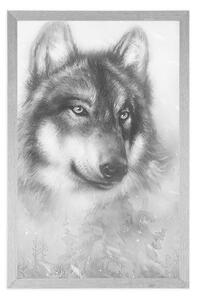 Plakat wilk w śnieżnym krajobrazie w czarno-białym krajobrazie