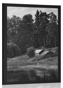 Plakat bajkowe domy nad rzeką w czerni i bieli