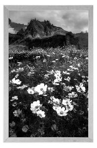 Plakat łąka kwitnących kwiatów w czarno-białym wzorze