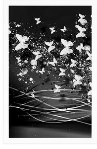 Plakat piękny jeleń z motylami w czarno-biały wzór