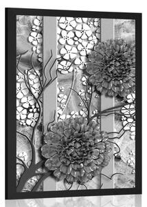 Plakat abstrakcyjne kwiaty na marmurowym tle w czerni i bieli