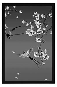 Plakat czarno-białe ptaki na gałęzi drzewa