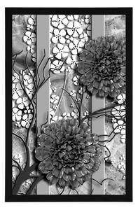 Plakat abstrakcyjne kwiaty na marmurowym tle w czerni i bieli