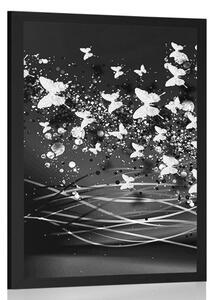 Plakat piękny jeleń z motylami w czarno-biały wzór