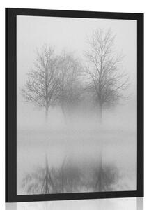 Plakat drzewa we mgle w czerni i bieli