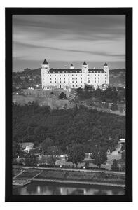 Plakat widok na zamek w Bratysławie w czerni i bieli