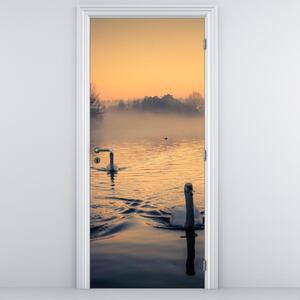 Fototapeta na drzwi - Łabędzie na wodzie we mgle (95x205cm)