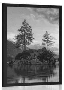 Plakat czarno-biały górski krajobraz nad jeziorem