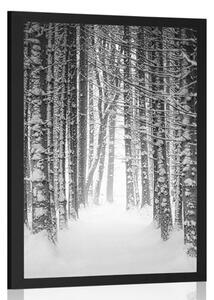 Plakat las pokryty śniegiem w czerni i bieli