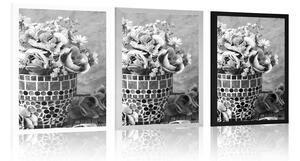 Plakat kwiaty goździków w czarno-białej mozaikowej doniczce
