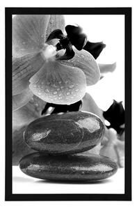 Plakat spa kamienie i orchidea czerni i bieli