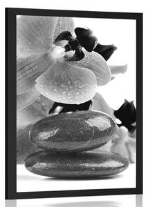 Plakat spa kamienie i orchidea czerni i bieli