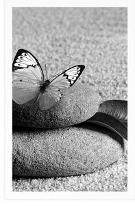 Plakat motyl na kamieniu Zen w czerni i bieli