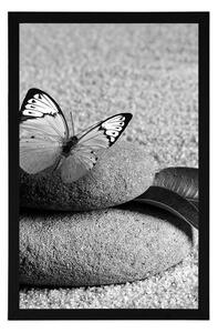 Plakat motyl na kamieniu Zen w czerni i bieli