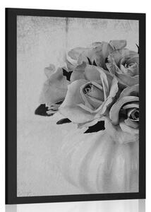 Plakat róże w wazonie w czerni i bieli