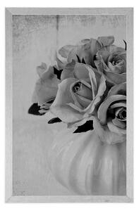 Plakat róże w wazonie w czerni i bieli