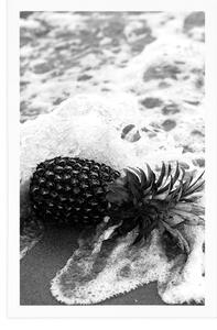 Plakat ananas w fali oceanicznej w czarno-białym wzornictwie