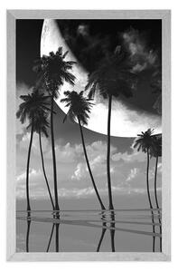 Plakat zachód słońca nad tropikalnymi palmami w czerni i bieli