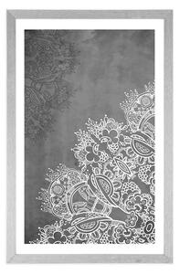 Plakat z passe-partout elementy kwiatowej mandali w czerni i bieli