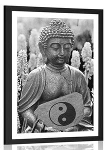 Plakat z passe-partout jin a jang Budda w czerni i bieli