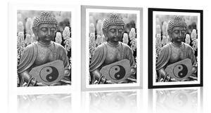 Plakat z passe-partout jin a jang Budda w czerni i bieli