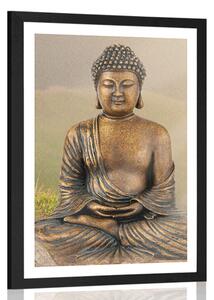 Plakat z passe-partout posąg Buddy w pozycji medytacyjnej