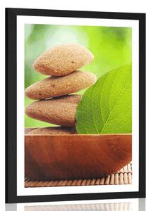Plakat z passe-partout Kamienie Zen i liść w misce