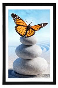 Plakat z passe-partout równowaga kamieni i motyli