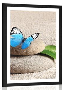 Plakat z passe-partout niebieski motyl na kamieniu Zen