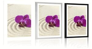 Plakat z passe-partout piaszczysty ogród zen z fioletową orchideą