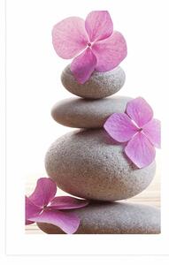 Plakat z passe-partout równowaga kamieni i różowe orientalne kwiaty