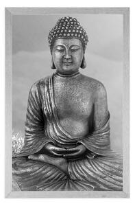 Plakat posąg Buddy w pozycji medytacyjnej w czerni i bieli