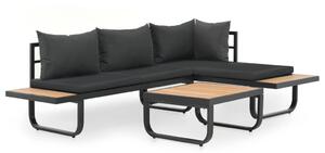 Sofa ogrodowa ze stołem i poduszkami, narożna, aluminium, WPC