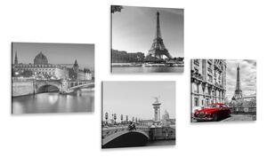Zestaw obrazów Paryż z czerwonym samochodem retro