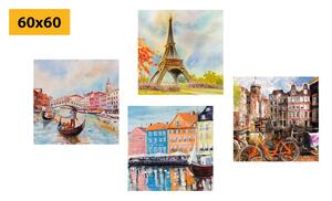 Zestaw obrazów malowane miasta w pastelowych kolorach
