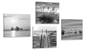 Zestaw obrazów morze i plaża w wersji czarno-białej
