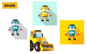 Zestaw obrazów roboty z żółtym samochodem