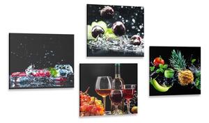 Zestaw obrazów wino i kawałki owoców na czarnym tle