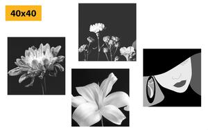 Zestaw obrazów elegancja kobiet i kwiatów w wersji czarno-białej