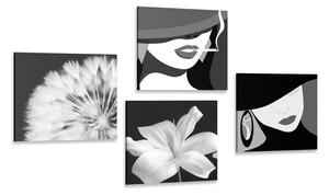 Zestaw obrazów damy w wersji czarno-białej