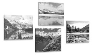 Zestaw obrazów uroczy górski krajobraz w czerni i bieli