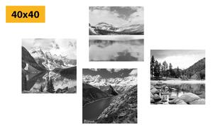 Zestaw obrazów uroczy górski krajobraz w czerni i bieli