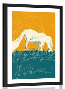 Plakat z passepartout koń na łące