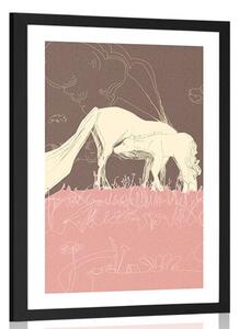 Plakat z passepartout koń na różowej łące